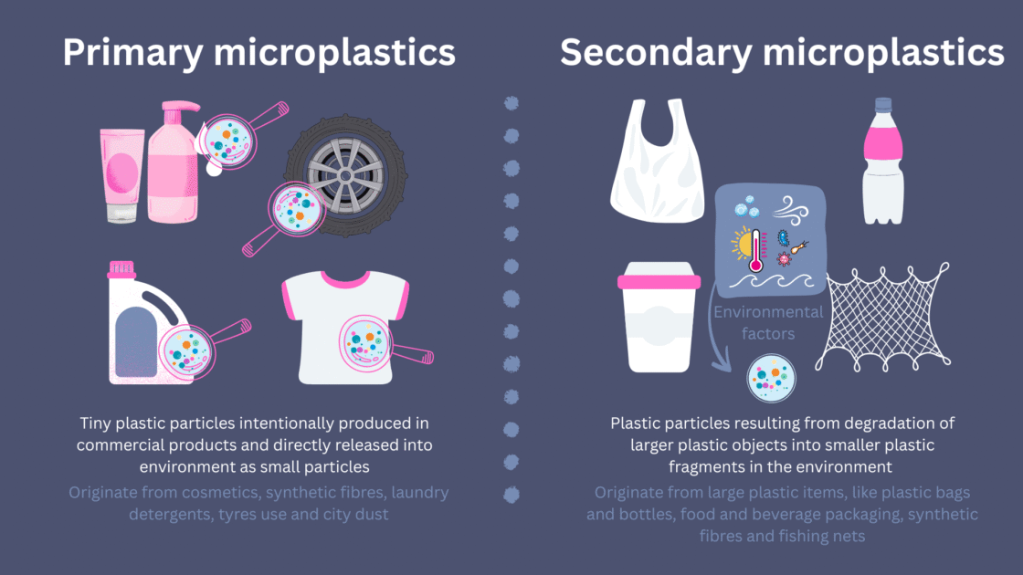Mikroplastik aus Kosmetika, Verpackungen und Netzen als Umweltquelle für Nanoplastik und mögliche Gesundheitsrisiken.
