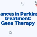 Illustration zu Fortschritten in der Parkinson-Behandlung mit Fokus auf Gentherapie, dargestellt durch Gehirn-, DNA- und medizinische Symbole.