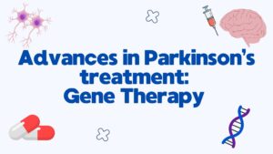 Illustration depicting advances in Parkinson's treatment with a focus on gene therapy, represented by brain, DNA and medical symbols.
