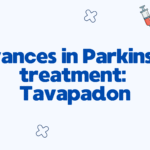 Illustration mit dem Titel ‚Advances in Parkinson’s treatment: Tavapadon‘, umgeben von Symbolen für Nervenzellen, Gehirn, Spritze, Tabletten und DNA, die neue Parkinson-Therapien darstellen.